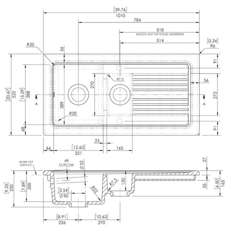Nuie 1.5 Bowl Ceramic Inset Kitchen Sink & Drainer Soft Black Reversible 1010mm x 525mm CT415T1000 LD