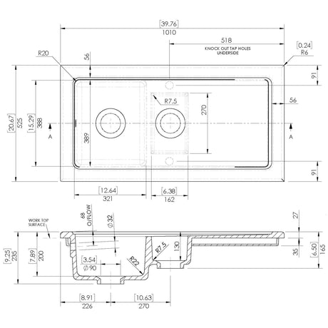 Nuie Modern 1.5 Bowl Ceramic Inset Kitchen Sink & Drainer Soft Black Reversible 1010mm x 525mm CT415TF1000 LD