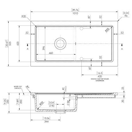 Nuie Modern 1.0 Bowl Ceramic Inset Kitchen Sink & Drainer Soft Black Reversible 1010mm x 525mm CT41TF1010 LD