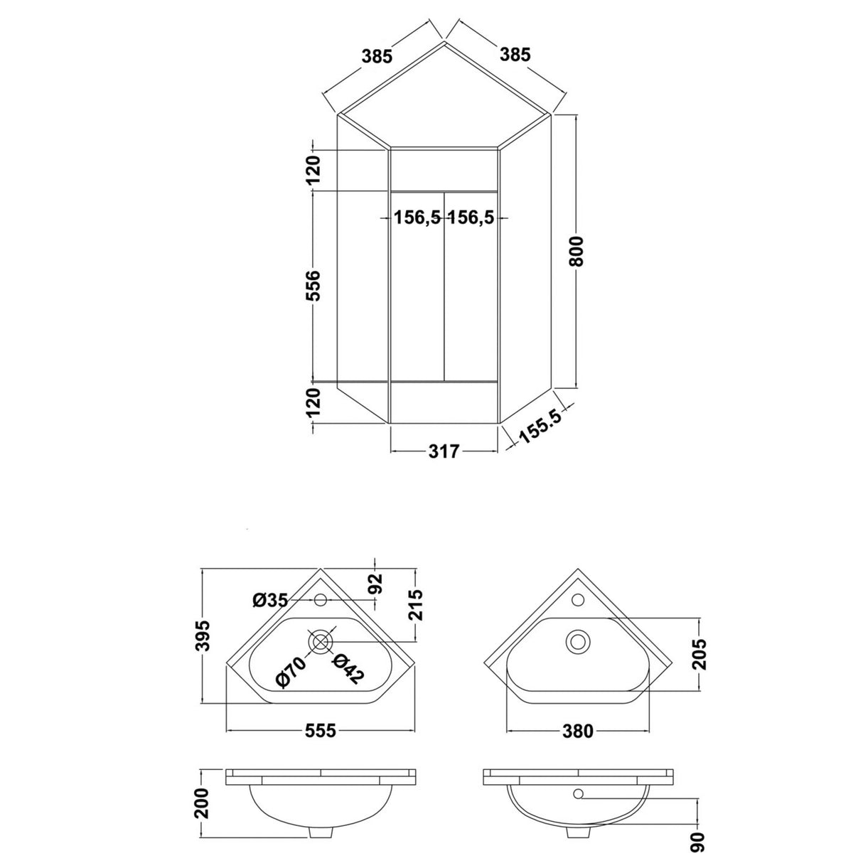 Nuie Mayford Floor Standing 1 Door Corner Vanity Unit & Basin Gloss White Gloss White CU001 LD