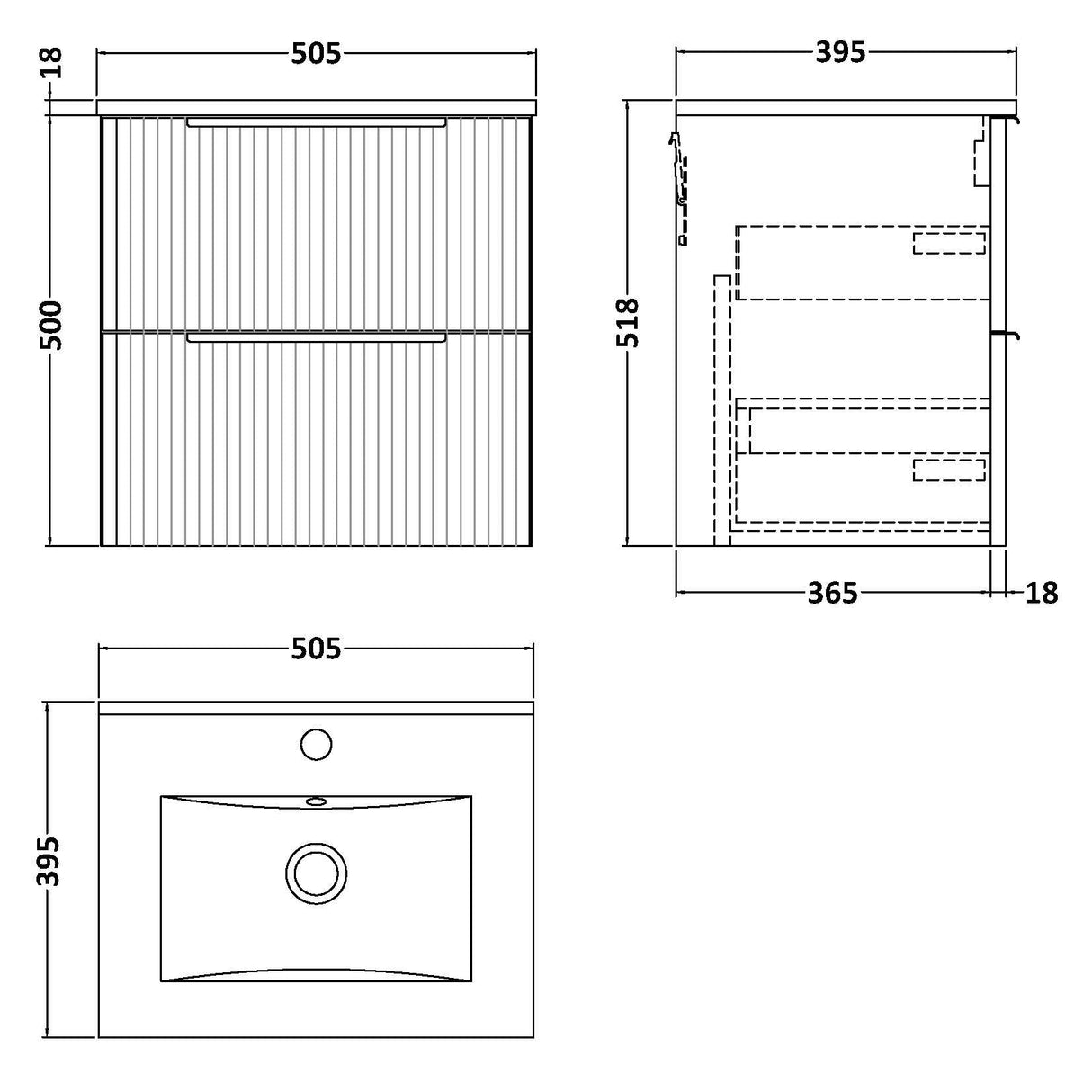Hudson Reed Fluted 500mm Wall Hung Vanity Unit & Basin, 2 Drawer Soft Black DFF1492B LD