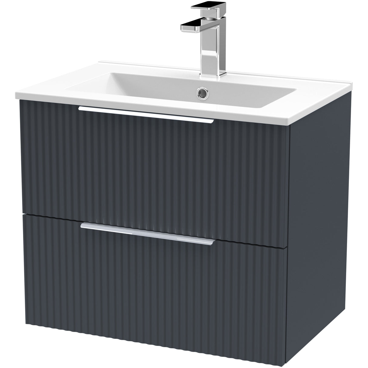Hudson Reed Fluted 600mm Wall Hung Vanity Unit & Basin, 2 Drawer Soft Black DFF1493B