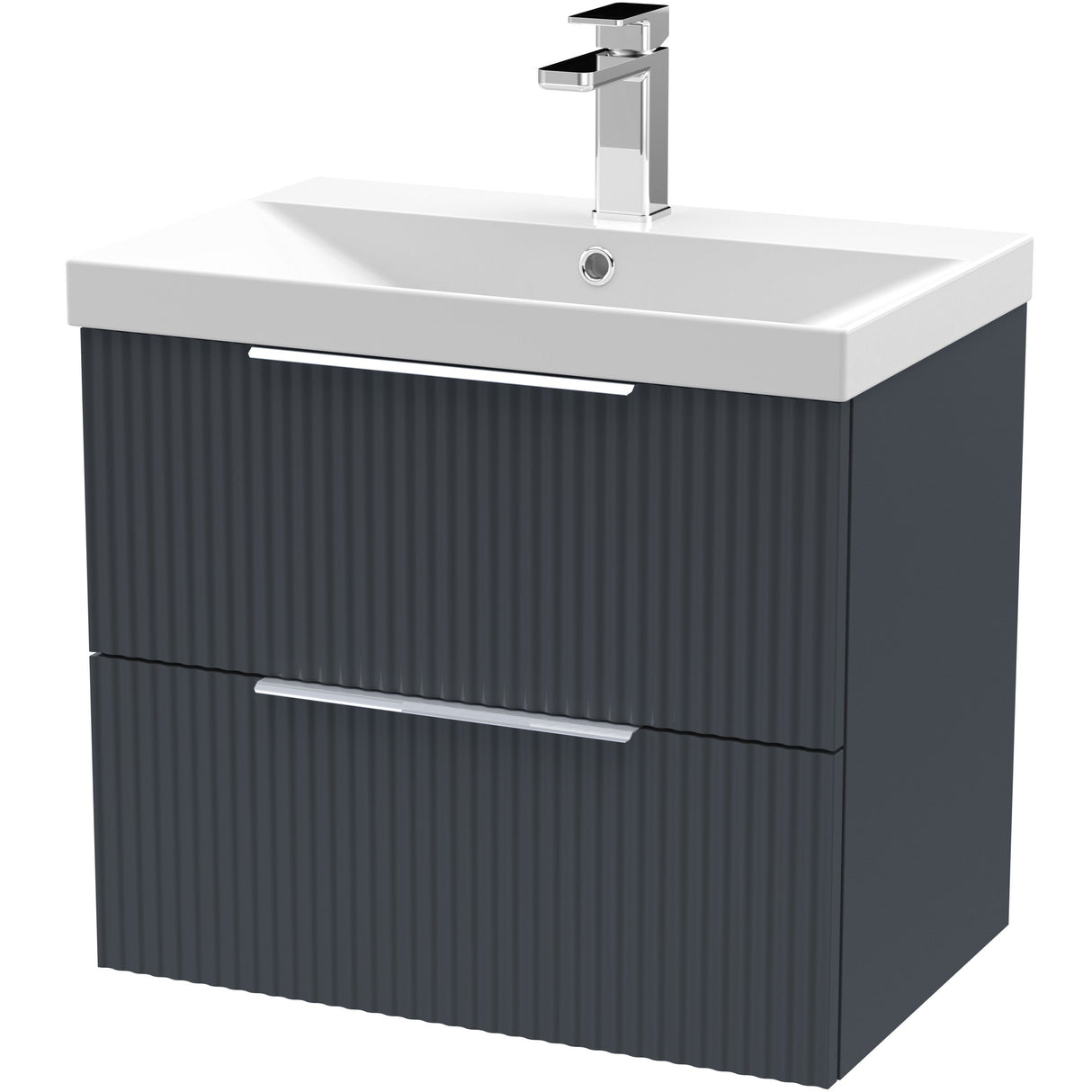 Hudson Reed Fluted 600mm Wall Hung Vanity Unit & Basin, 2 Drawer Soft Black DFF1493D