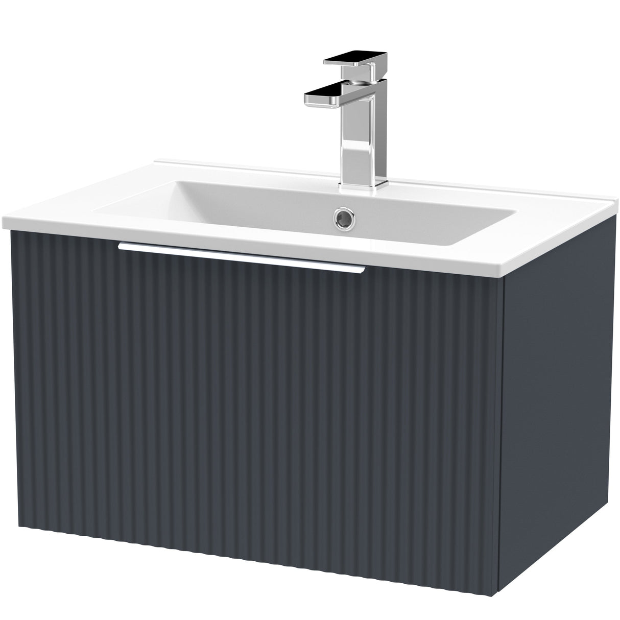 Hudson Reed Fluted 600mm Wall Hung Vanity Unit & Basin, 1 Drawer Soft Black DFF1494B
