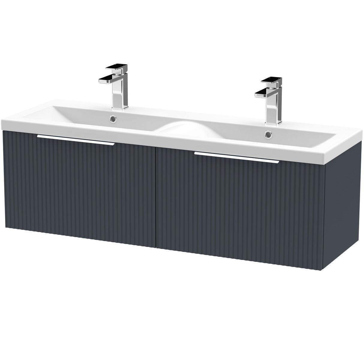 Hudson Reed Fluted 1200mm Wall Hung Double Vanity Unit & Basin, 2 Drawers Soft Black DFF1494F