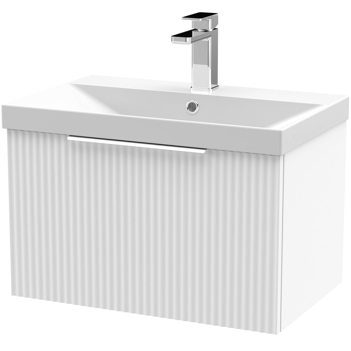 Hudson Reed Fluted 600mm Wall Hung Vanity Unit & Basin, 1 Drawer Satin White DFF194D