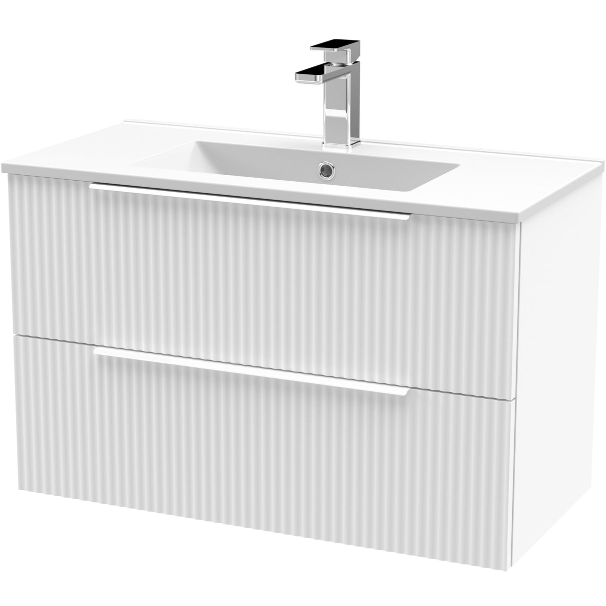 Hudson Reed Fluted 800mm Wall Hung Vanity Unit & Basin, 2 Drawer Satin White DFF195B