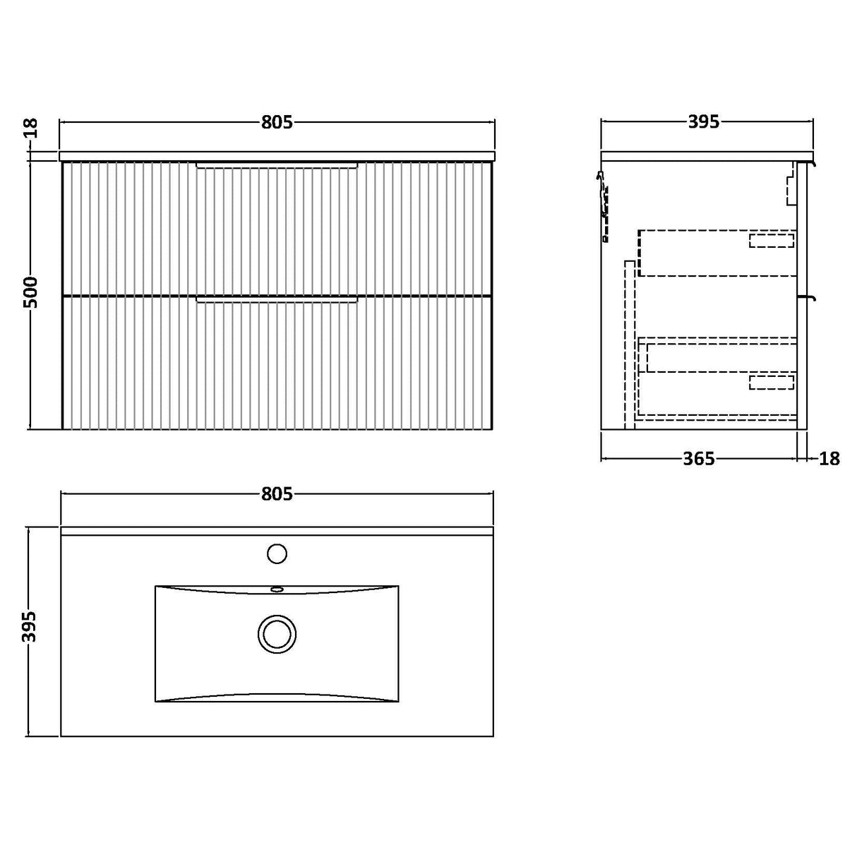 Hudson Reed Fluted 800mm Wall Hung Vanity Unit & Basin, 2 Drawer Satin White DFF195B LD