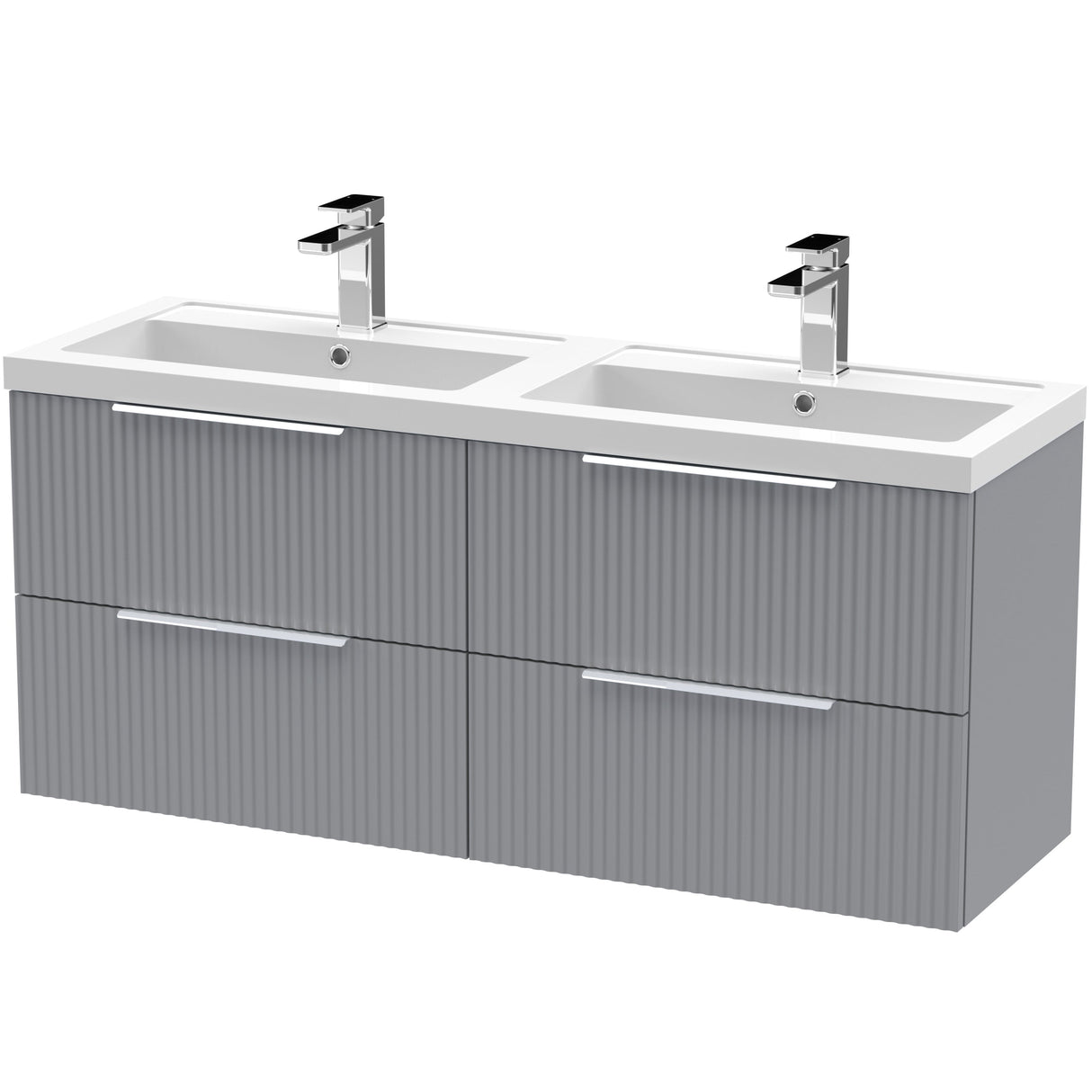 Hudson Reed Fluted 1200mm Wall Hung Double Vanity Unit & Basin, 4 Drawers Satin Grey DFF293C