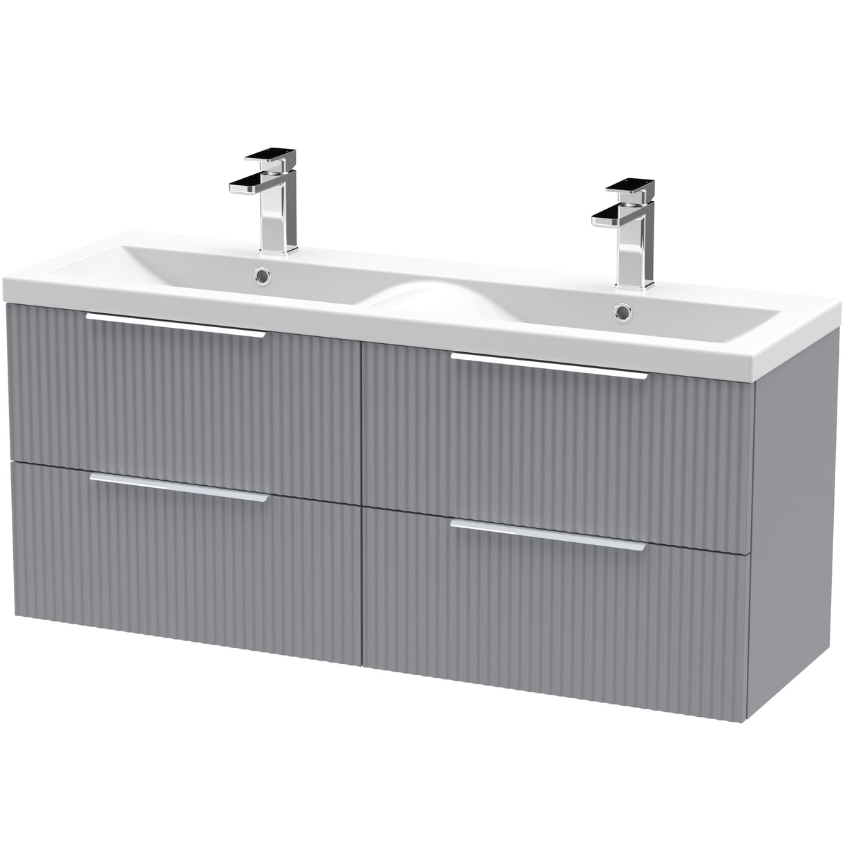 Hudson Reed Fluted 1200mm Wall Hung Double Vanity Unit & Basin, 4 Drawers Satin Grey DFF293F