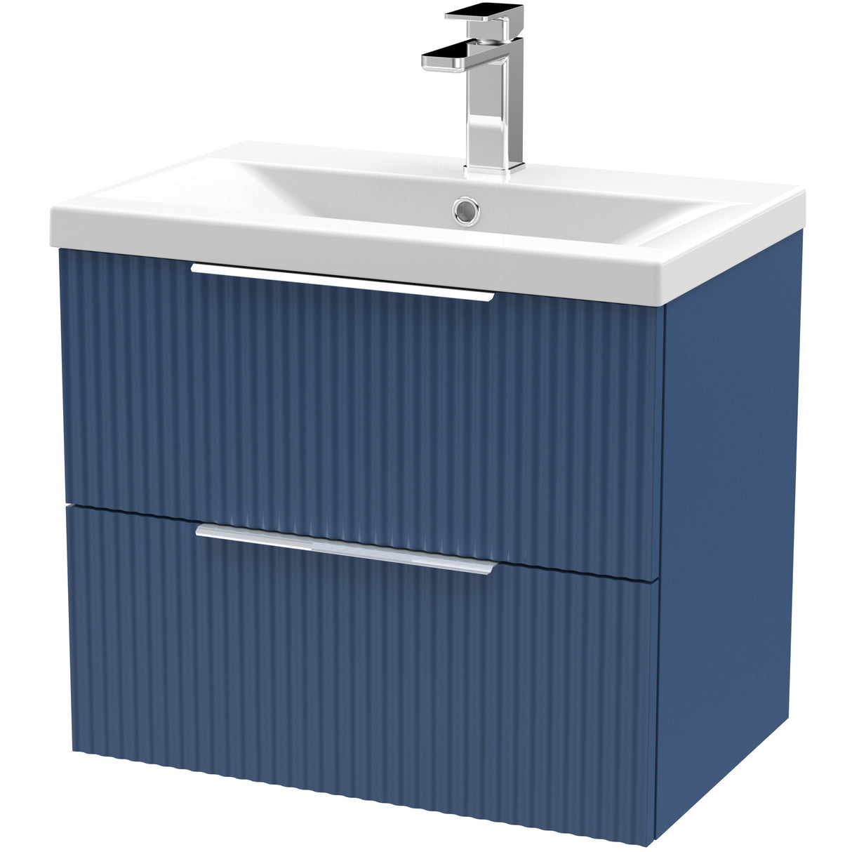 Hudson Reed Fluted 600mm Wall Hung Vanity Unit & Basin, 2 Drawer Satin Blue DFF393A