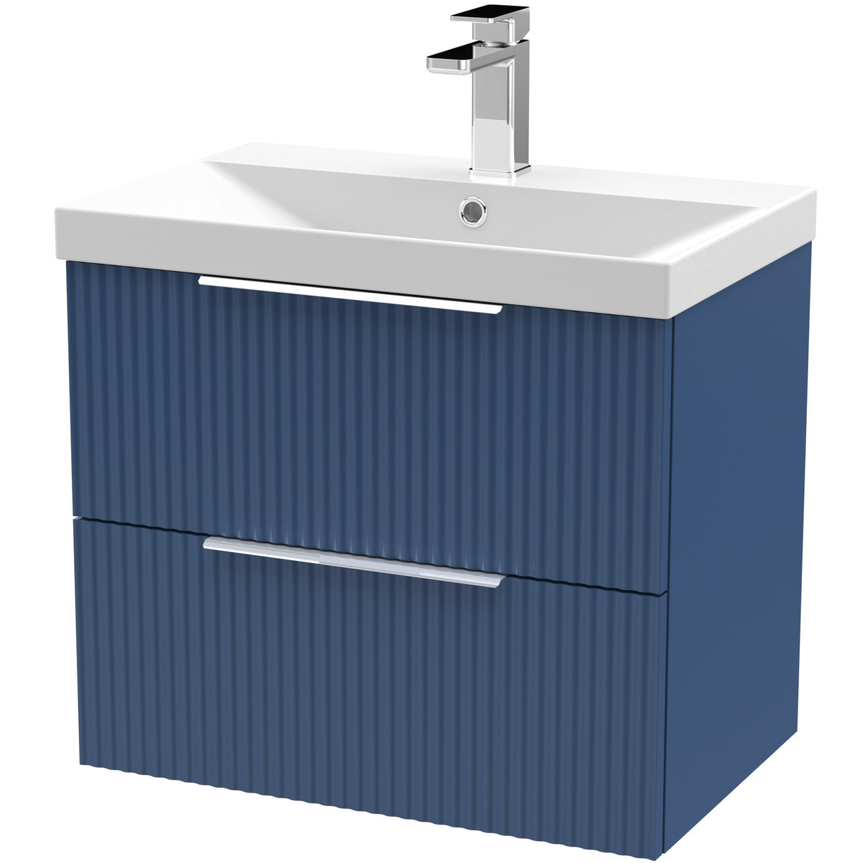 Hudson Reed Fluted 600mm Wall Hung Vanity Unit & Basin, 2 Drawer Satin Blue DFF393D
