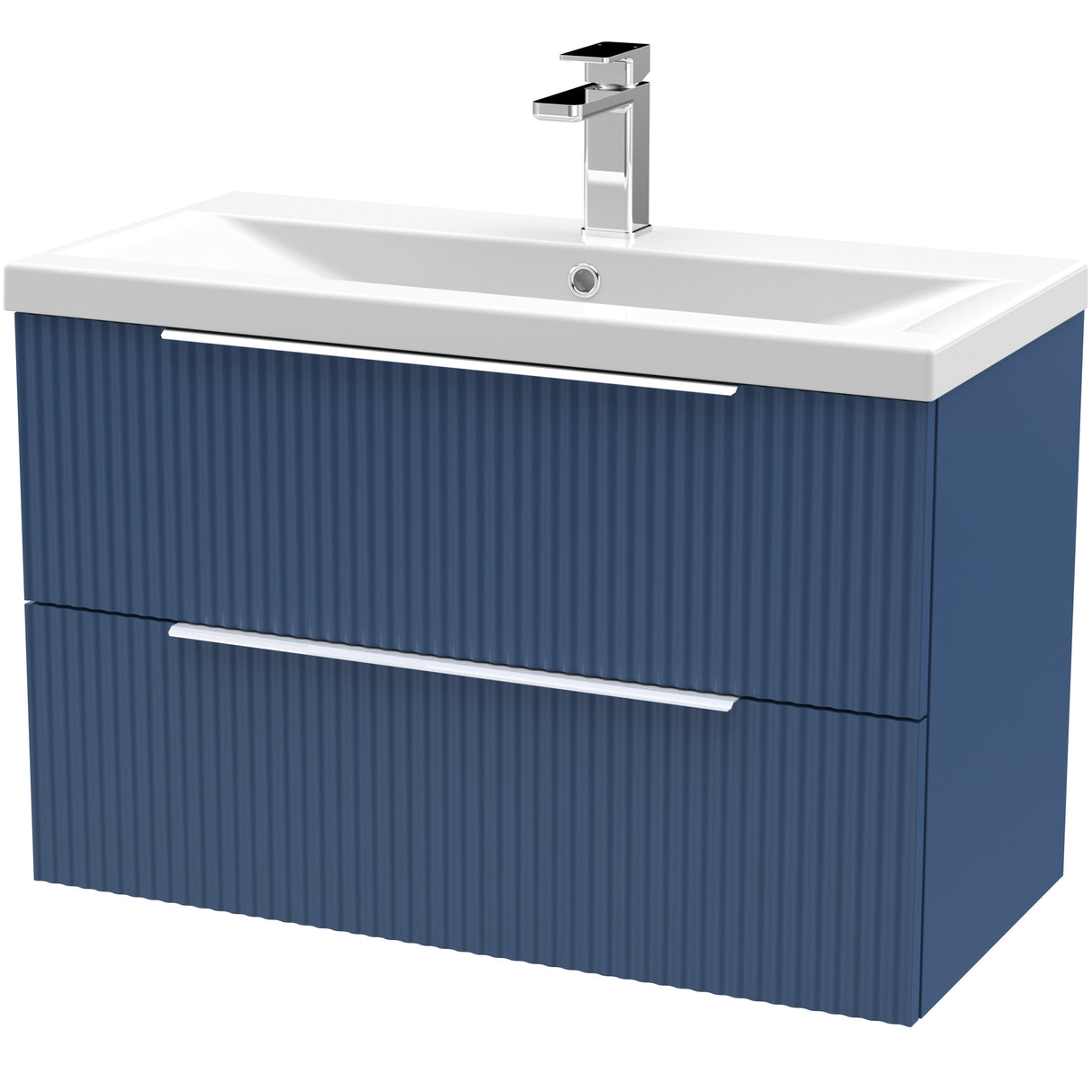 Hudson Reed Fluted 800mm Wall Hung Vanity Unit & Basin, 2 Drawer Satin Blue DFF395A