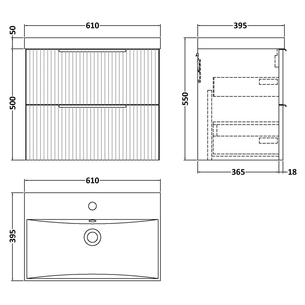 Hudson Reed Fluted 600mm Wall Hung Vanity Unit & Basin, 2 Drawer Satin Green DFF893D LD