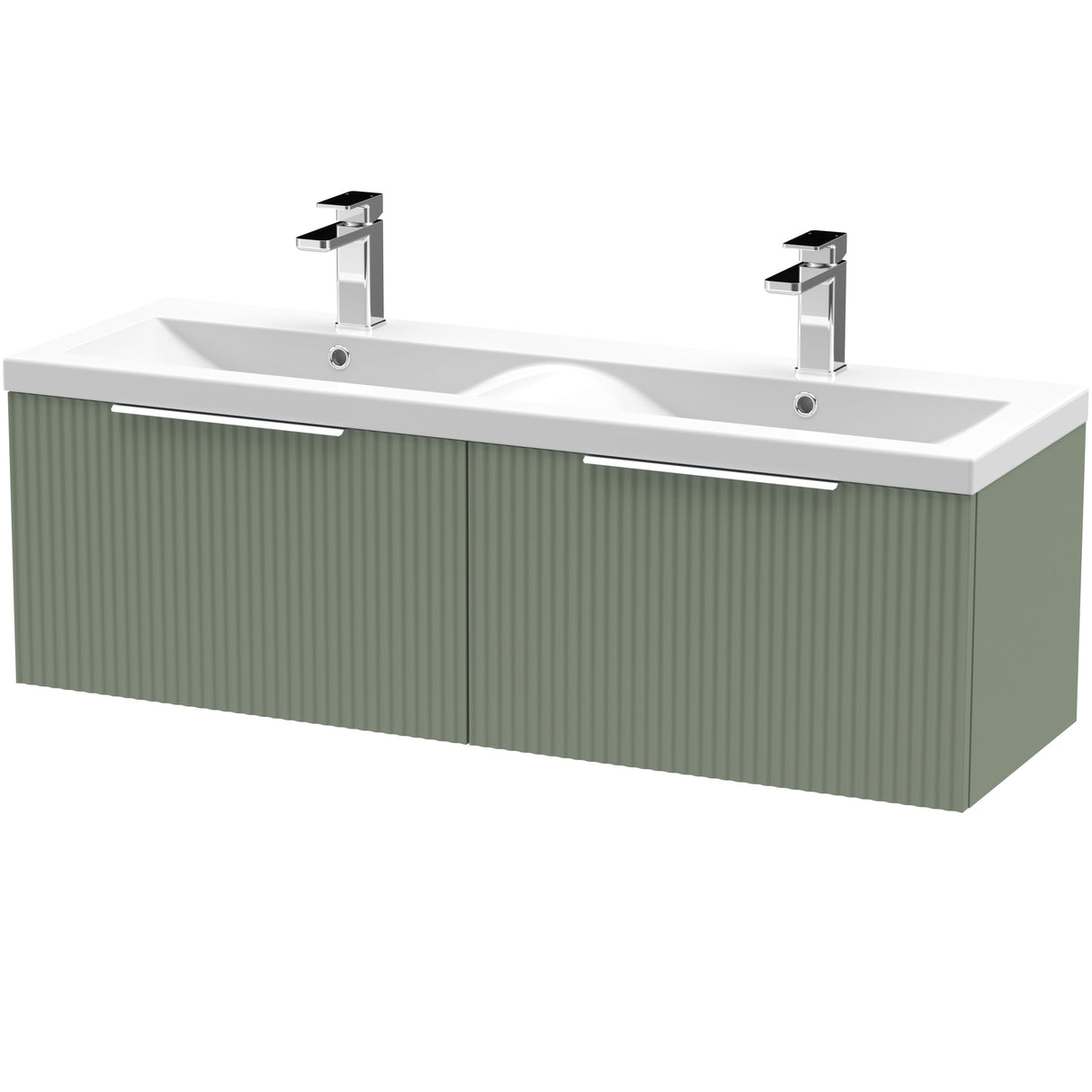 Hudson Reed Fluted 1200mm Wall Hung Double Vanity Unit & Basin, 2 Drawers Satin Green DFF894F