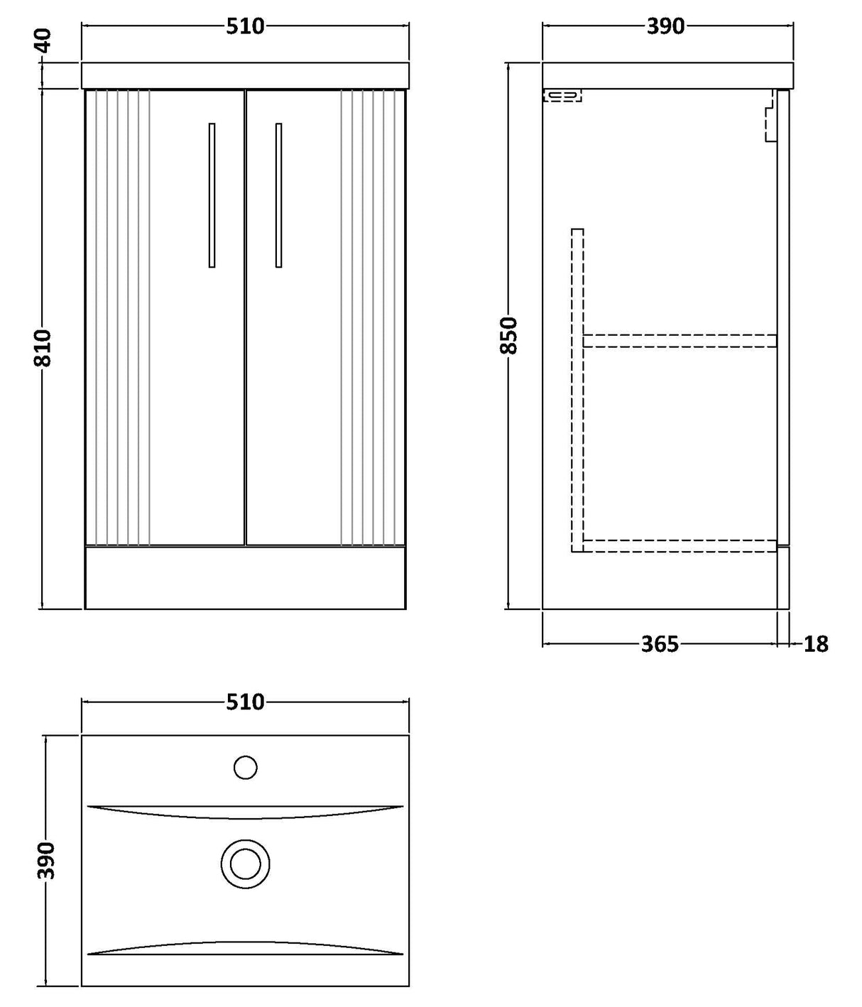 Nuie Deco 500mm Freestanding 2 Door Vanity Unit & Basin Satin White DPF123A LD