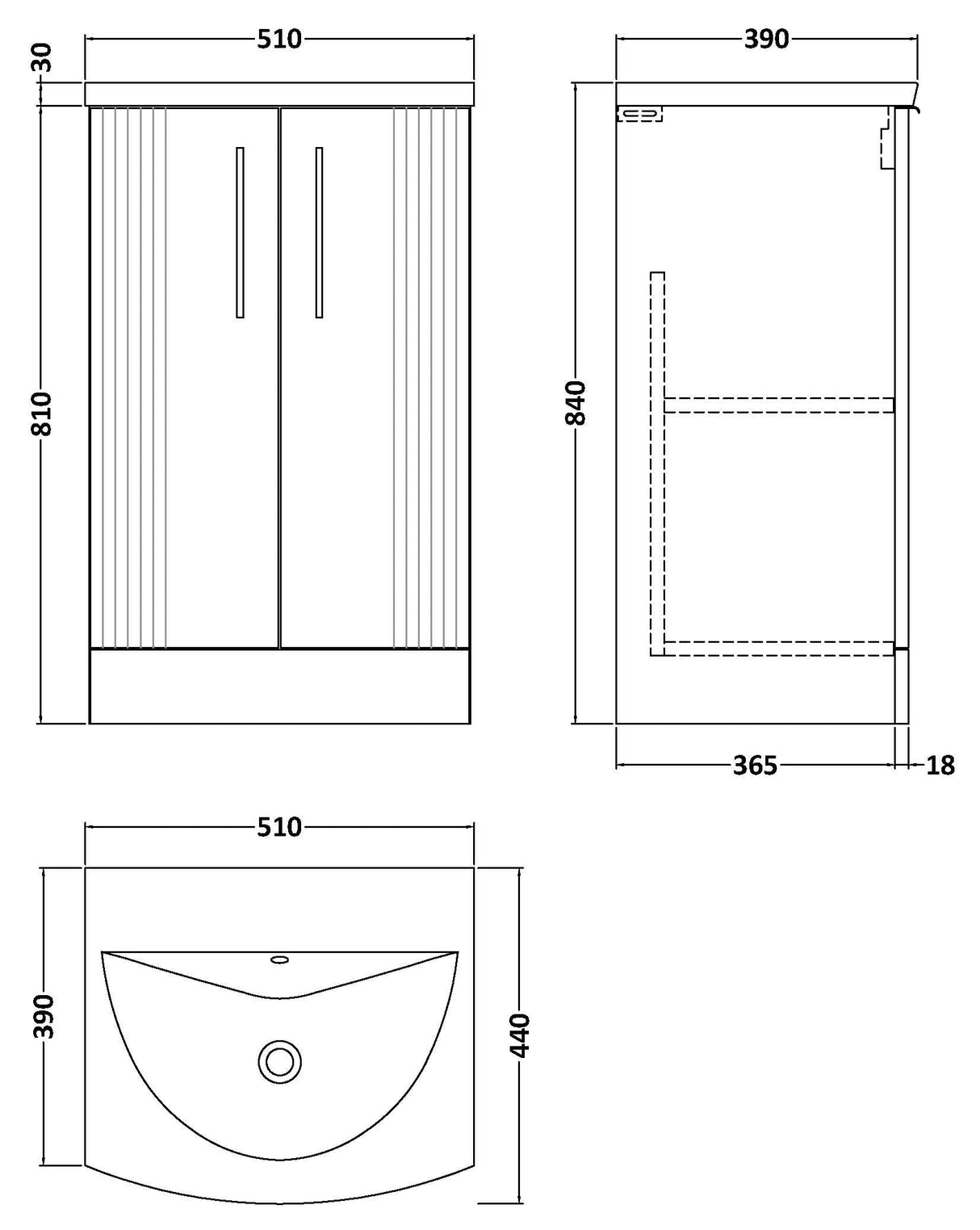 Nuie Deco 500mm Freestanding 2 Door Vanity Unit & Basin Satin White DPF123G LD