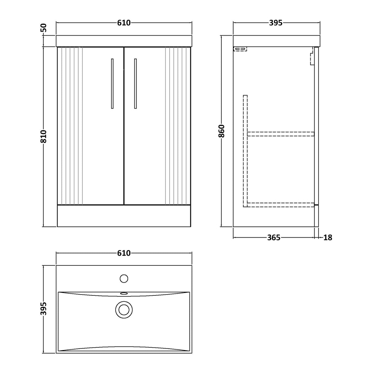 Nuie Deco 600mm Freestanding 2 Door Vanity Unit & Basin Satin White DPF125D LD