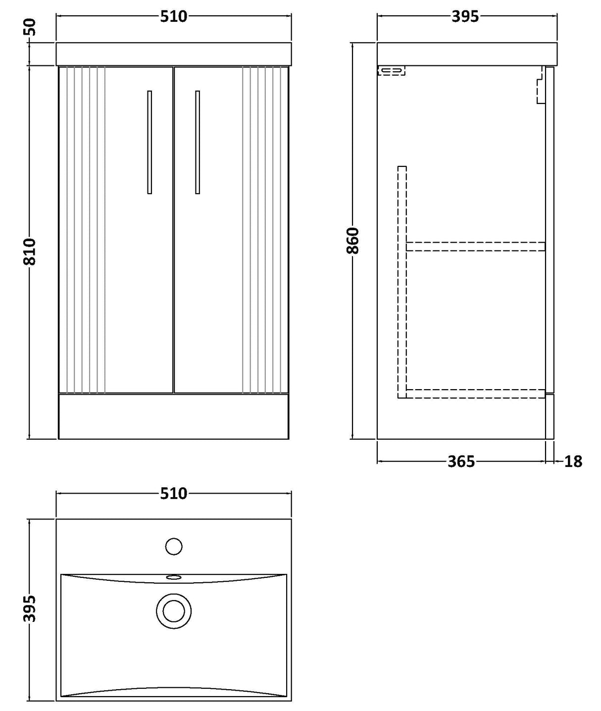 Nuie Deco 500mm Freestanding 2 Door Vanity Unit & Basin Soft Black DPF1423D LD