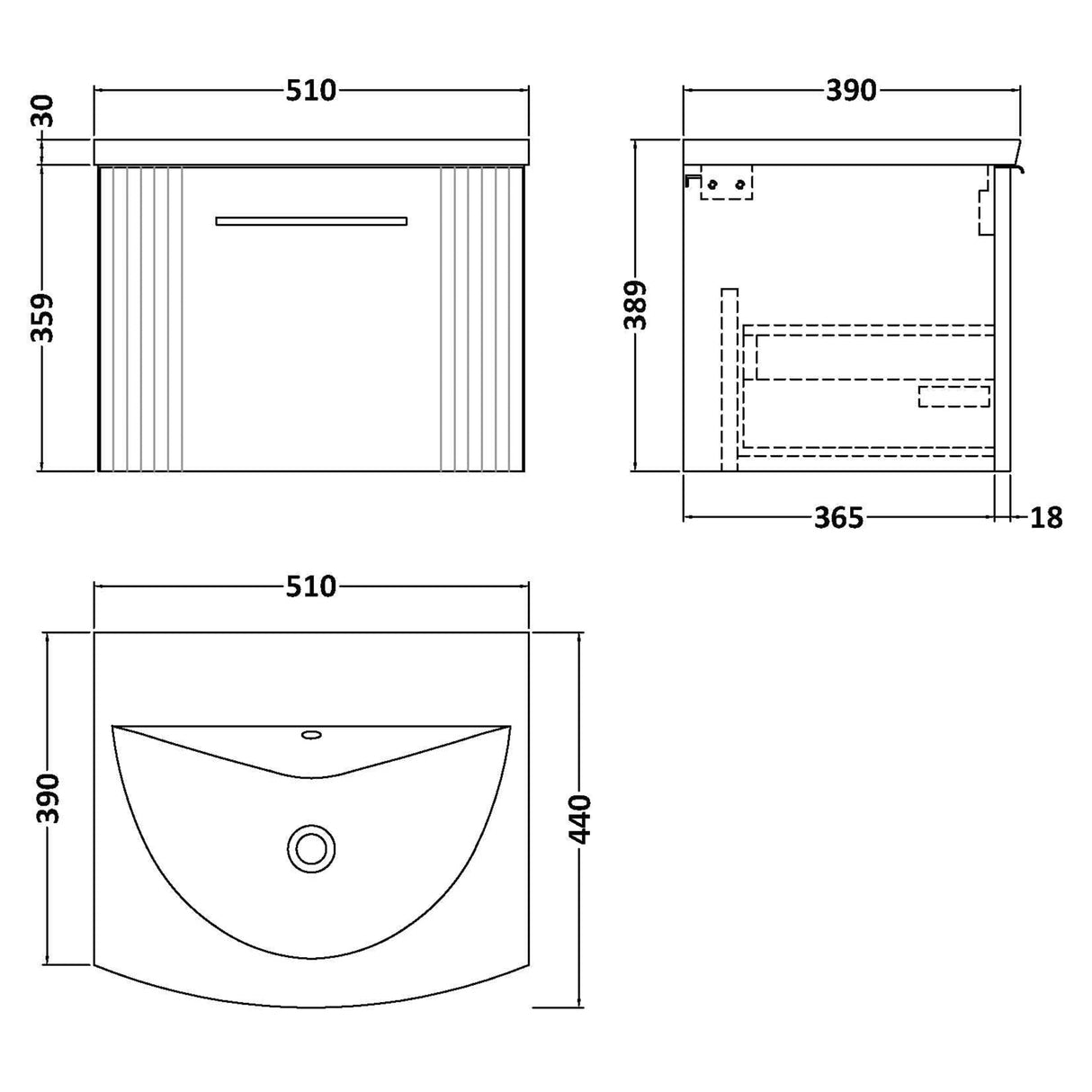 Nuie Deco 500mm Wall Hung 1 Drawer Vanity Unit & Basin Soft Black DPF1491G LD