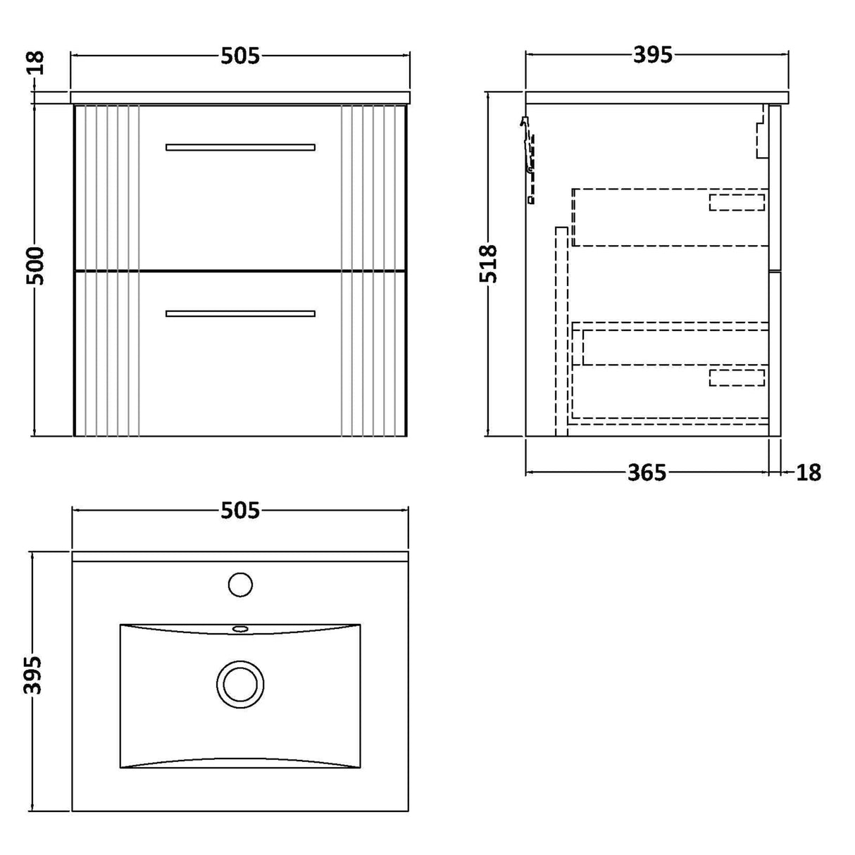 Nuie Deco 500mm Wall Hung 2 Drawer Vanity Unit & Basin Soft Black DPF1492B LD
