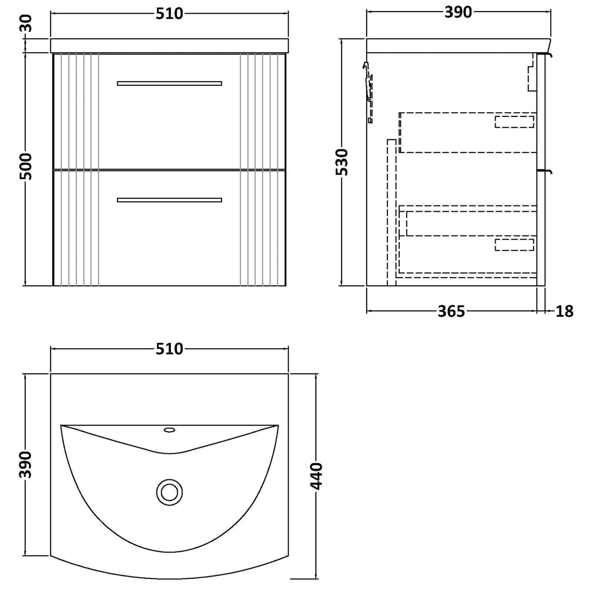 Nuie Deco 500mm Wall Hung 2 Drawer Vanity Unit & Basin Soft Black DPF1492G LD