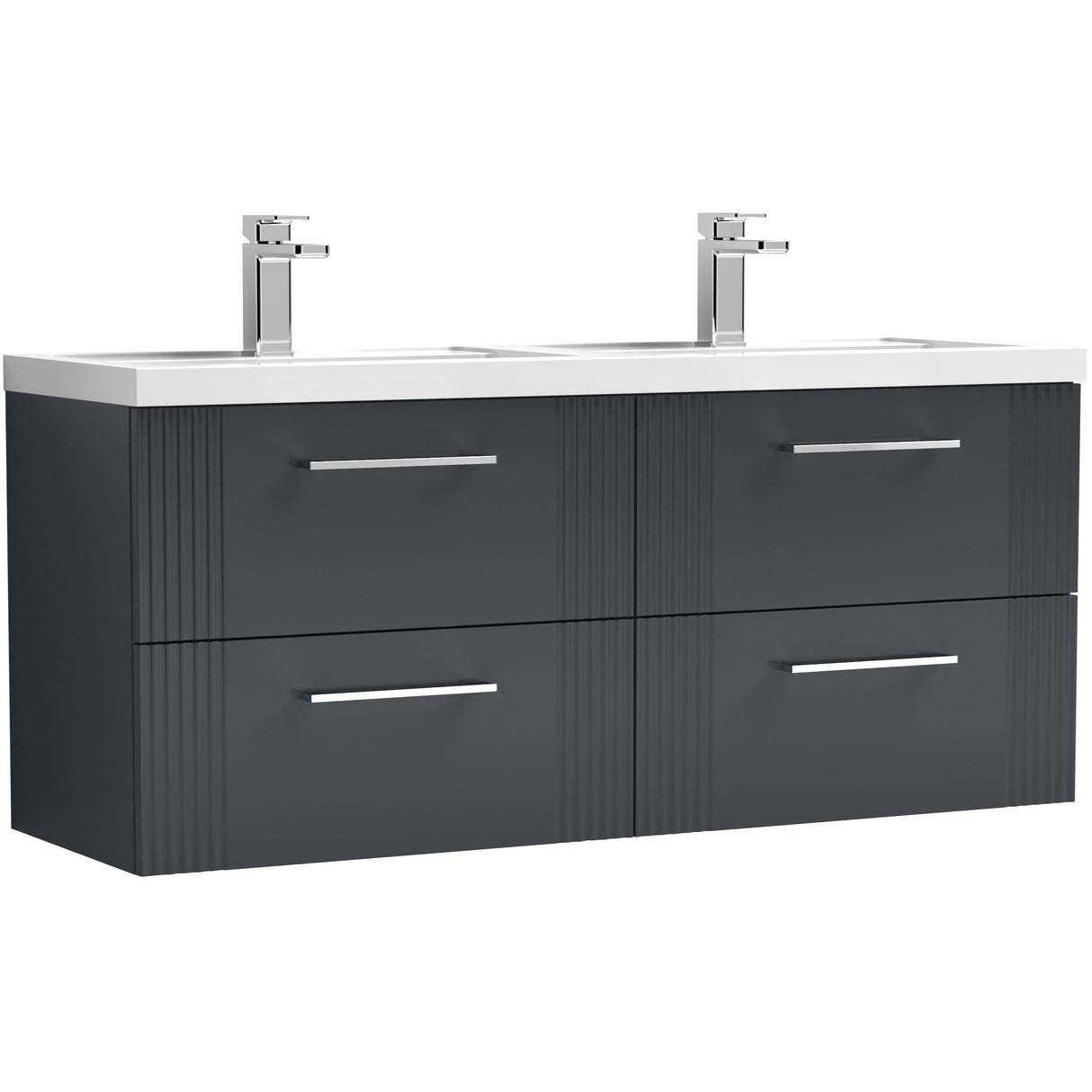 Nuie Deco 1200mm Wall Hung Double Basin Vanity Unit & Basin, 4 Drawers Soft Black DPF1493C