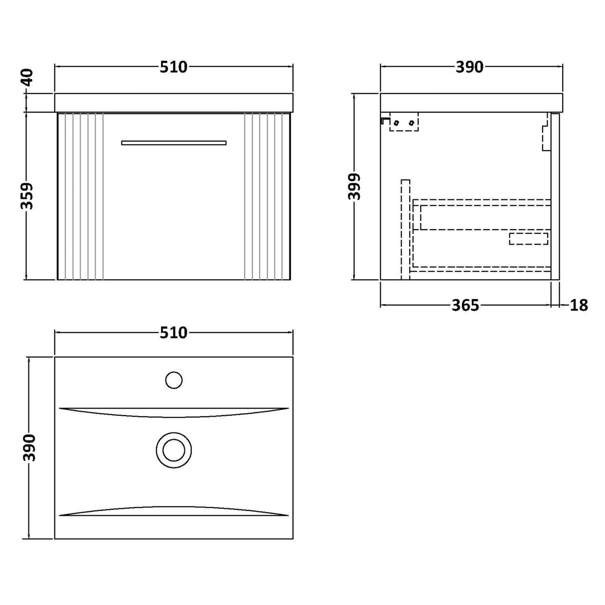 Nuie Deco 500mm Wall Hung 1 Drawer Vanity Unit & Basin Satin White DPF191A LD