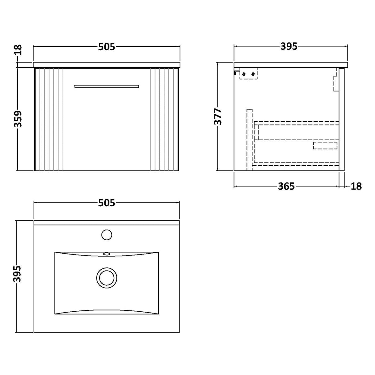 Nuie Deco 500mm Wall Hung 1 Drawer Vanity Unit & Basin Satin White DPF191B LD