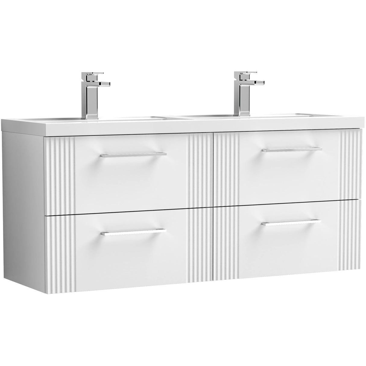Nuie Deco 1200mm Wall Hung Double Basin Vanity Unit & Basin, 4 Drawers Satin White DPF193C