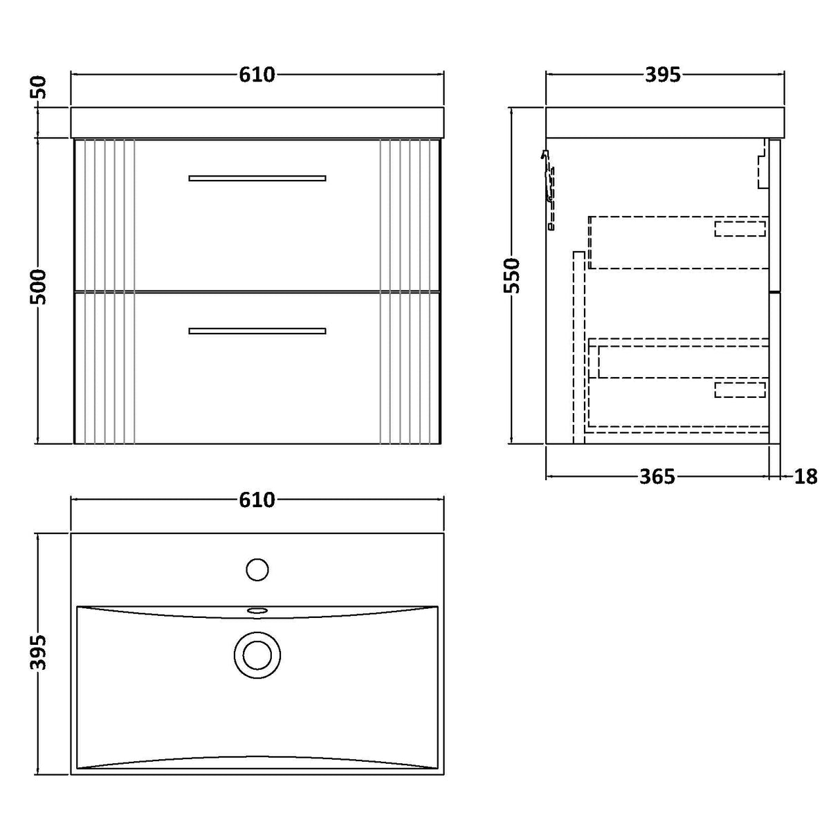 Nuie Deco 600mm Wall Hung 2 Drawer Vanity Unit & Basin Satin White DPF193D LD