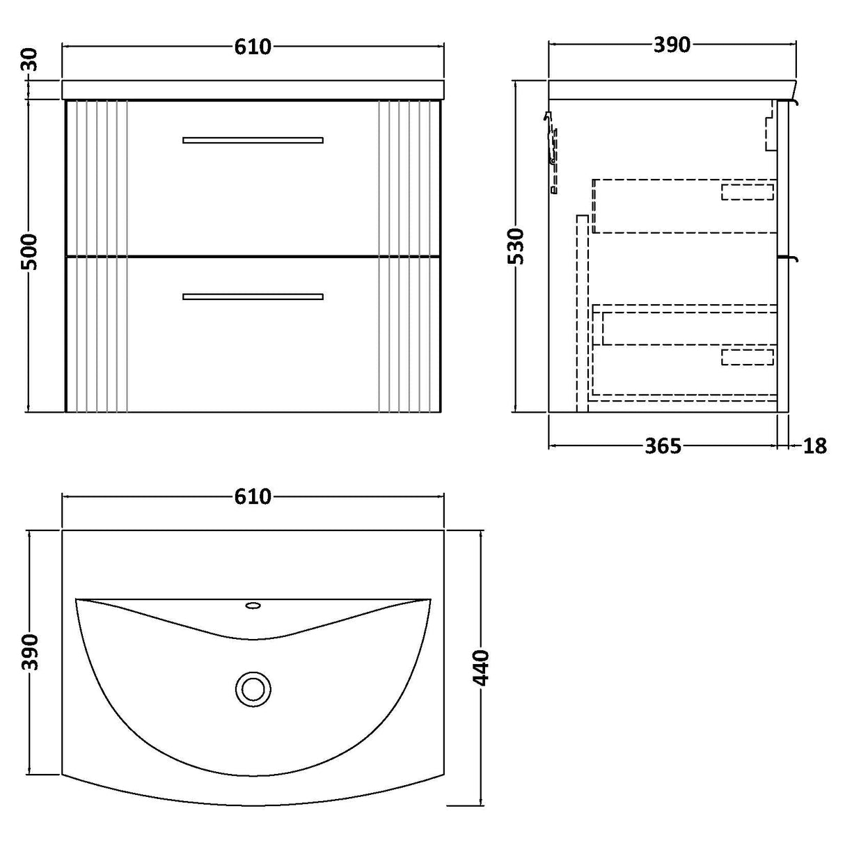 Nuie Deco 600mm Wall Hung 2 Drawer Vanity Unit & Basin Satin White DPF193G LD