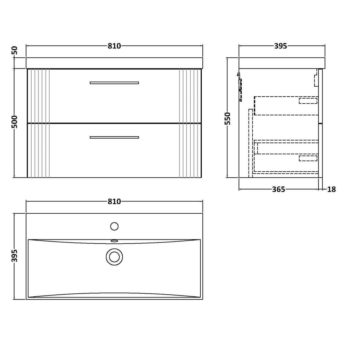 Nuie Deco 800mm Wall Hung 2 Drawer Vanity Unit & Basin Satin White DPF195D LD