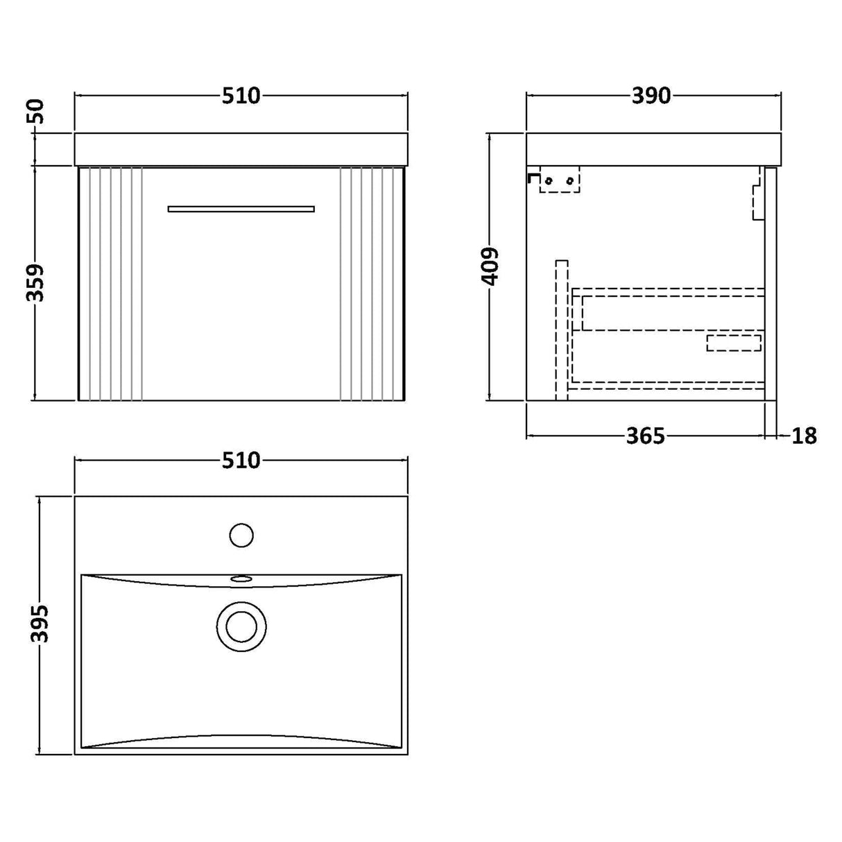 Nuie Deco 500mm Wall Hung 1 Drawer Vanity Unit & Basin Satin Grey DPF291D LD