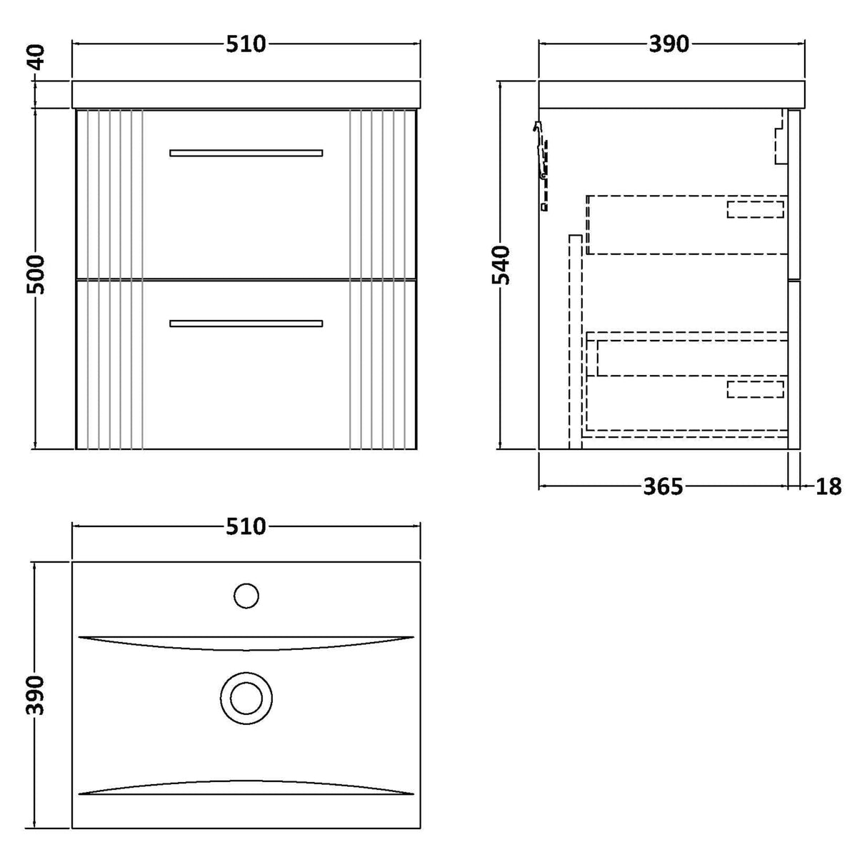 Nuie Deco 500mm Wall Hung 2 Drawer Vanity Unit & Basin Satin Grey DPF292A LD