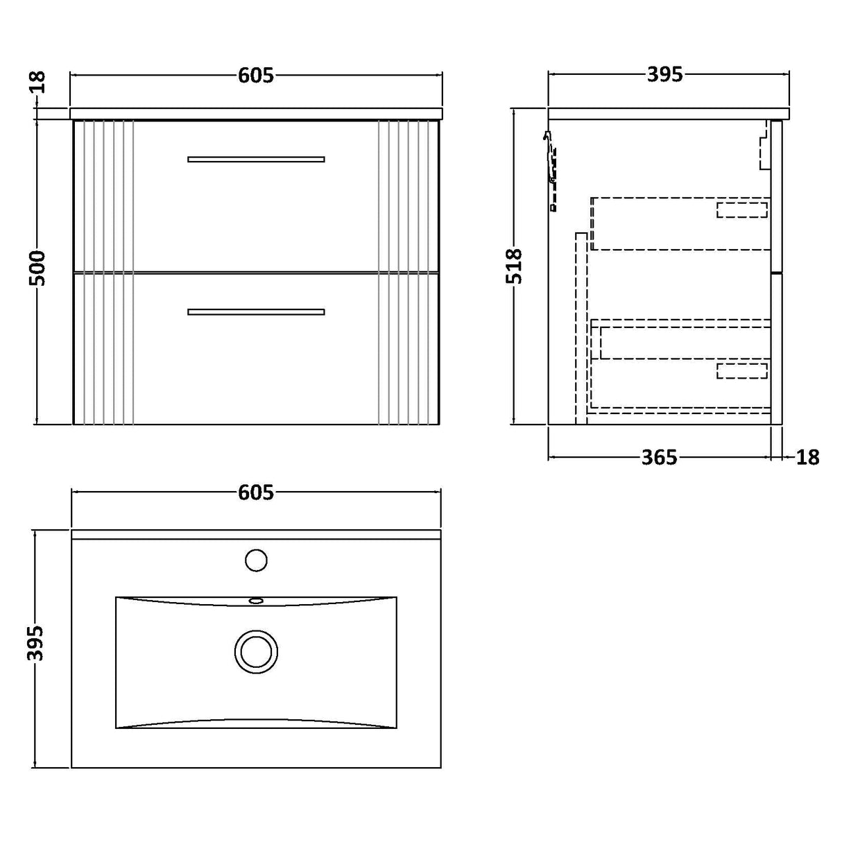 Nuie Deco 600mm Wall Hung 2 Drawer Vanity Unit & Basin Satin Grey DPF293B LD