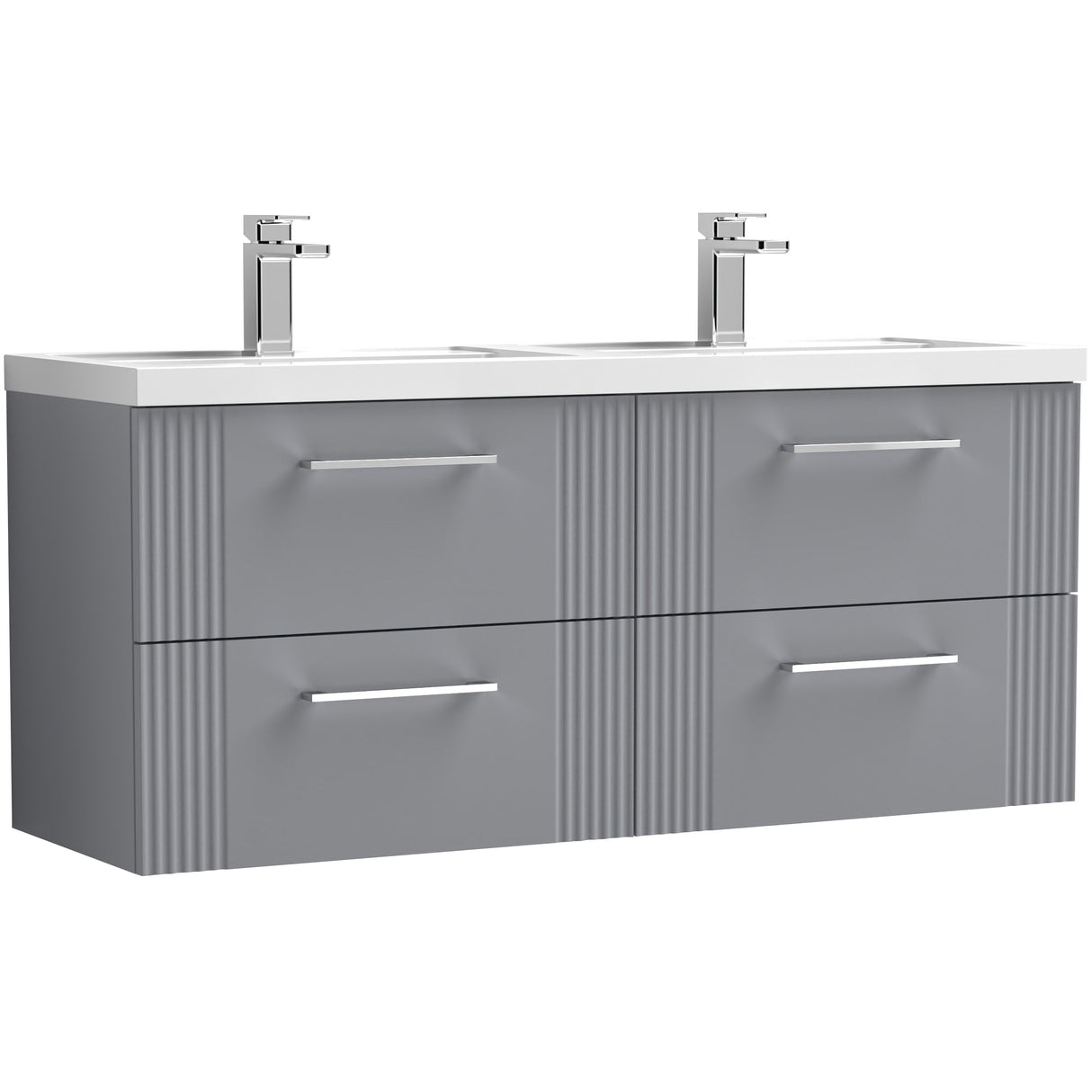 Nuie Deco 1200mm Wall Hung Double Basin Vanity Unit & Basin, 4 Drawers Satin Grey DPF293C