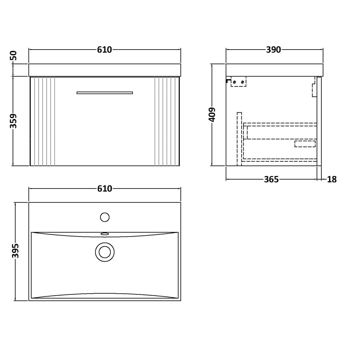 Nuie Deco 600mm Wall Hung 1 Drawer Vanity Unit & Basin Satin Blue DPF394D LD