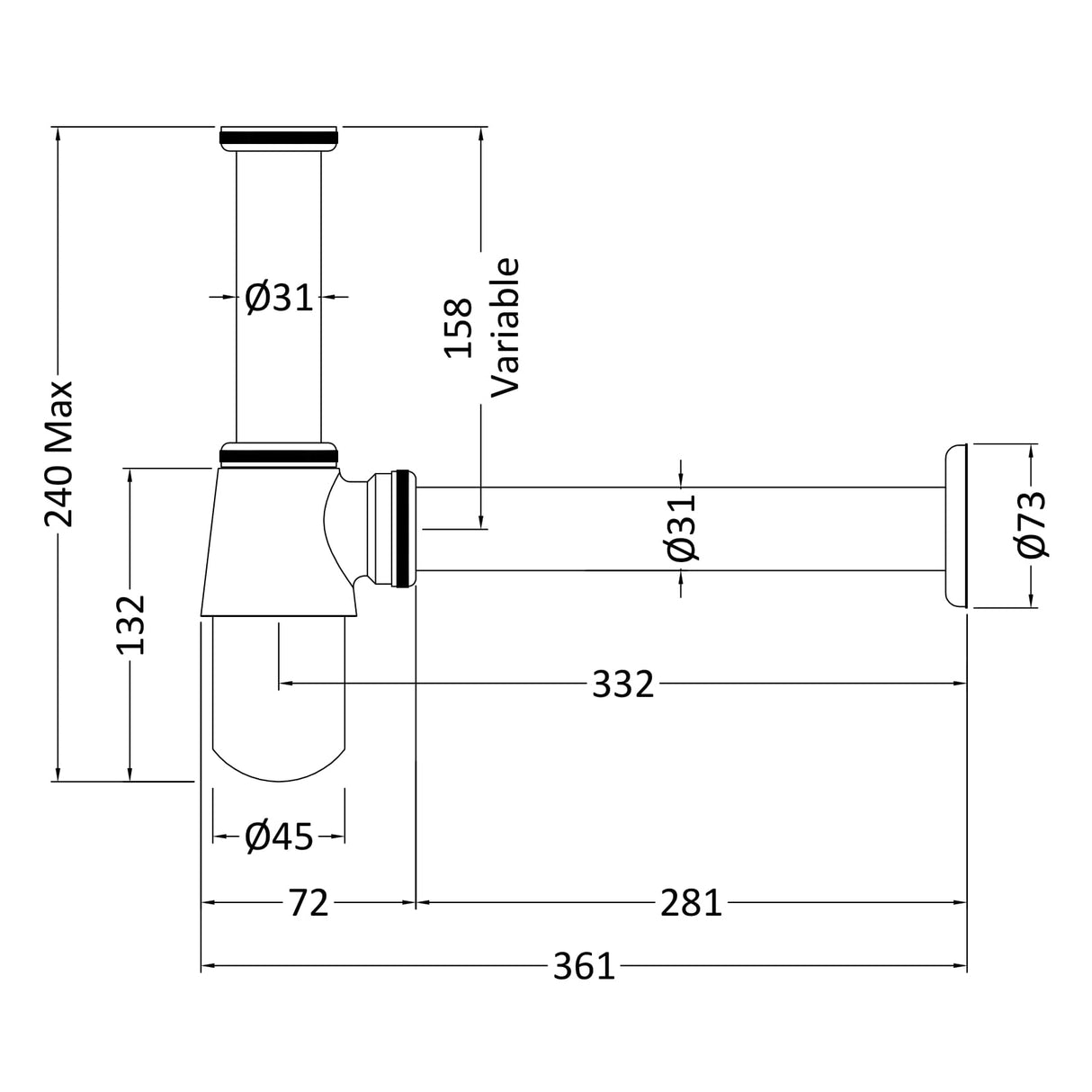 Nuie Round Bottle Trap with 190mm Extension Tube Chrome EA370 LD