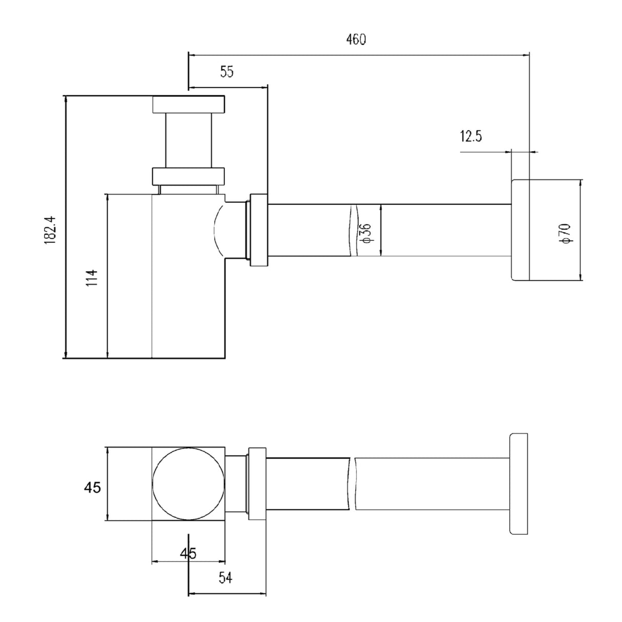 Nuie Square Bottle Trap with 300mm Extension Tube EK306 Chrome LD
