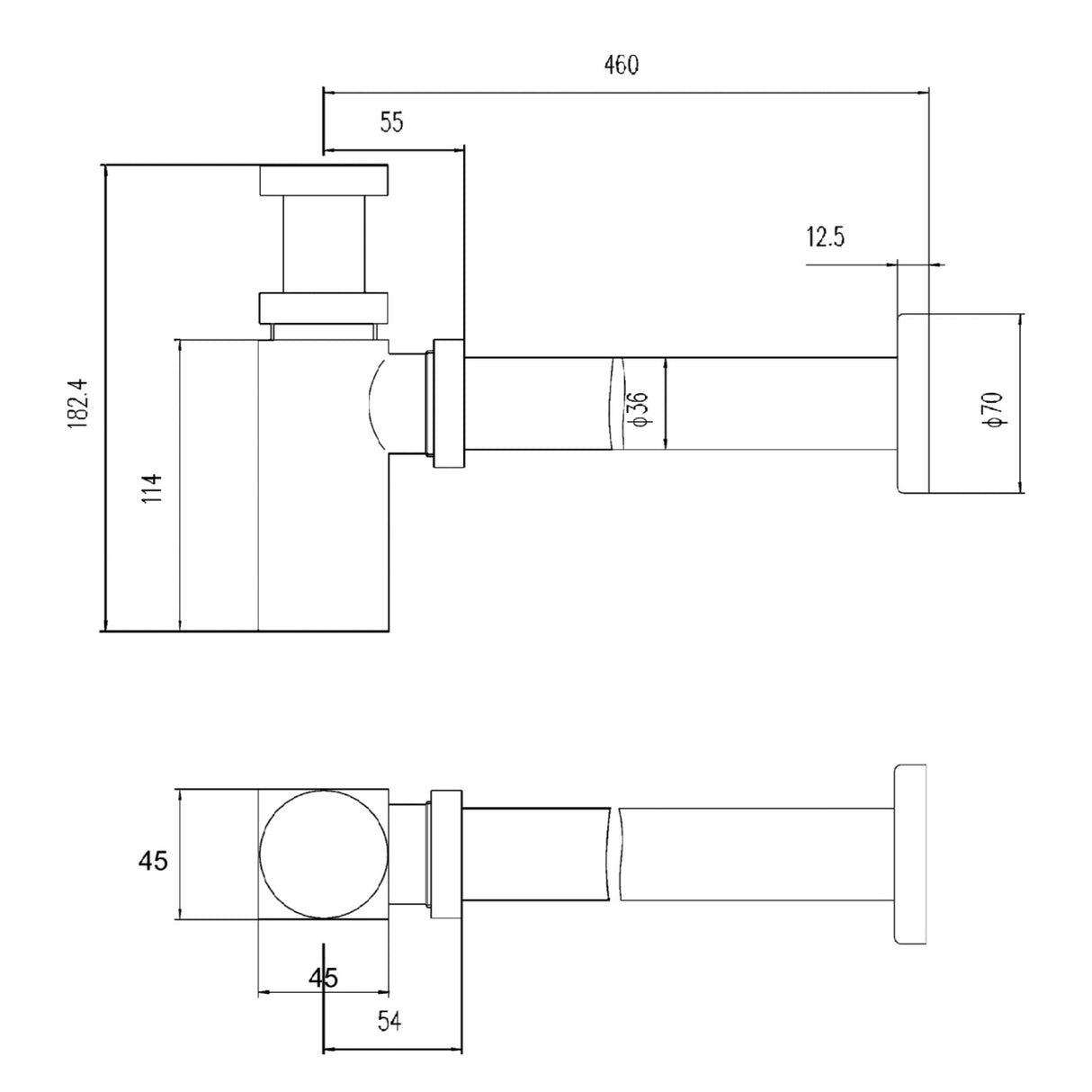 Nuie Square Bottle Trap with 300mm Extension Tube EK406 Black LD