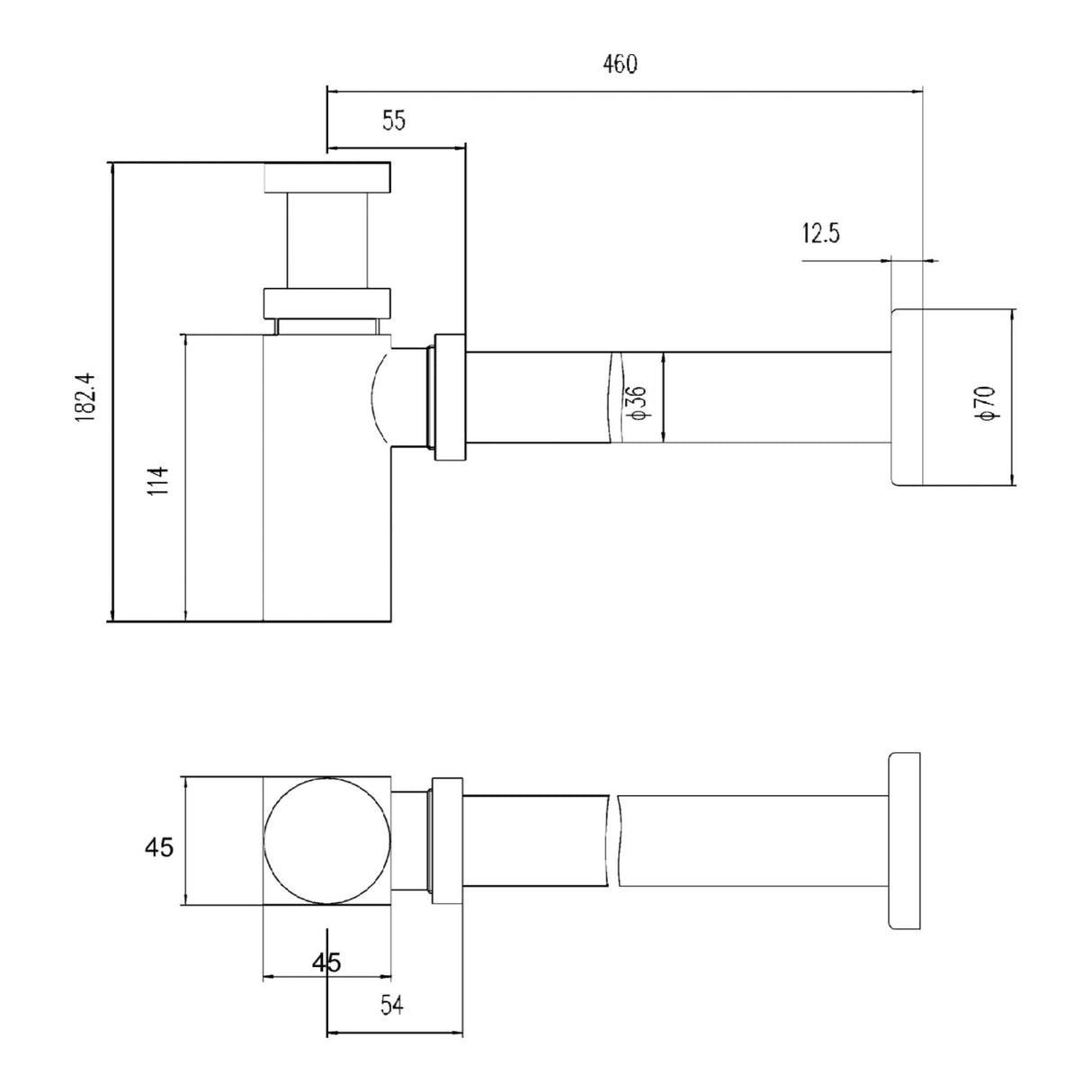 Nuie Square Bottle Trap with 300mm Extension Tube EK806 Brushed Brass LD