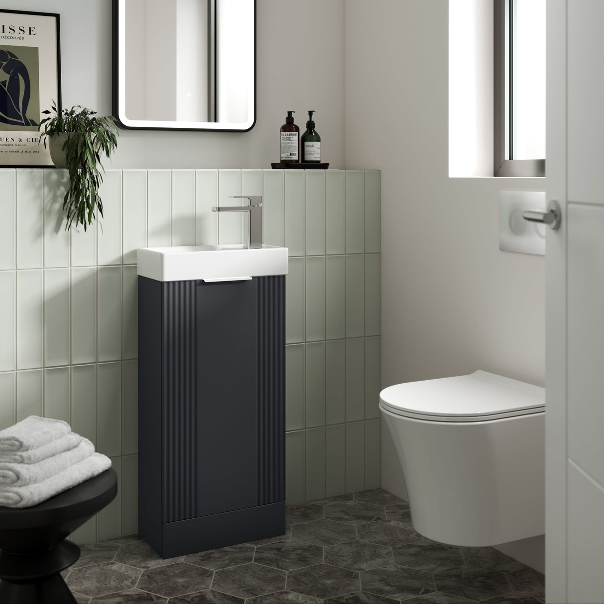Nuie Deco Compact 400mm Freestanding 1 Door Vanity Unit & Basin Soft Black FLT1420 LS2