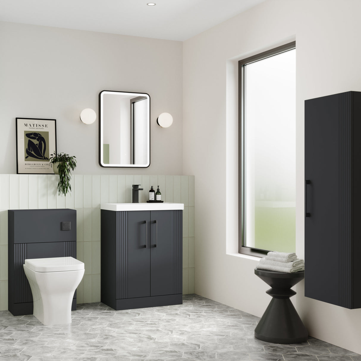 Nuie Deco 500mm Freestanding 2 Door Vanity Unit & Basin Soft Black LS