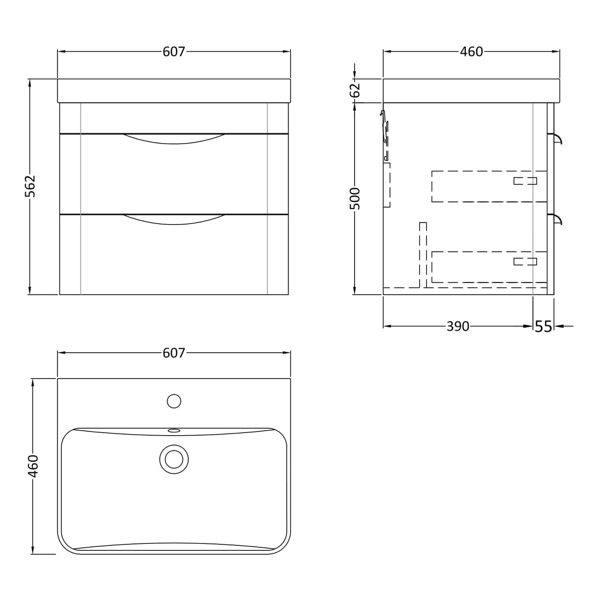 Nuie Parade 600mm Wall Hung 2 Drawer Vanity Unit & Basin Gloss White FPA002B LD