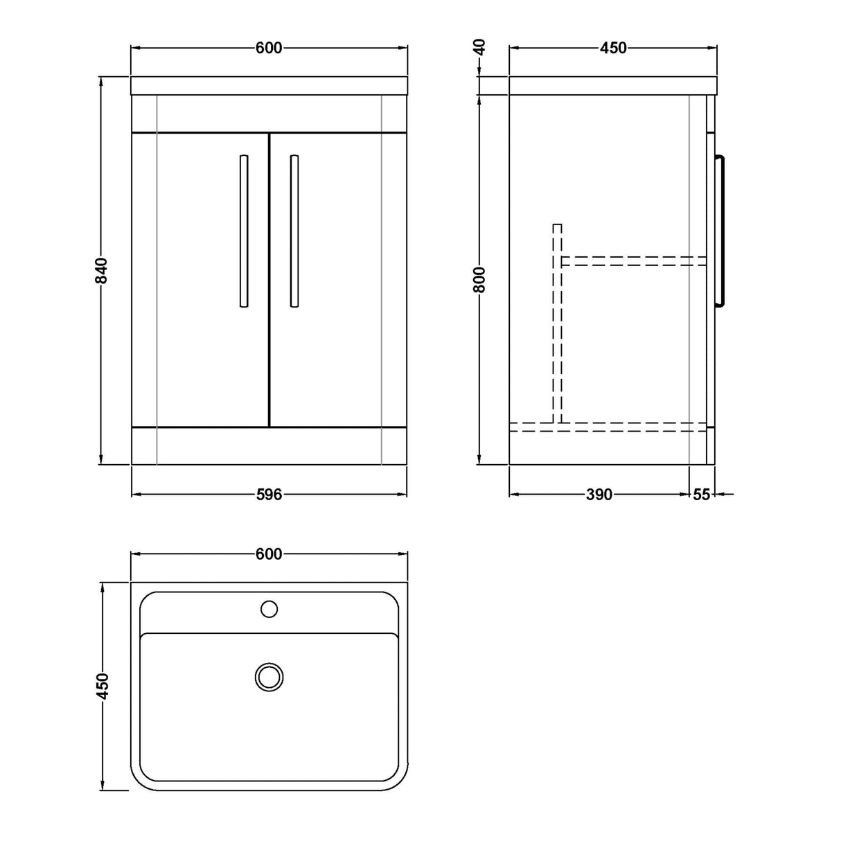 Nuie Parade 600mm Freestanding 2 Door Vanity Unit & Basin Gloss White FPA010 LD