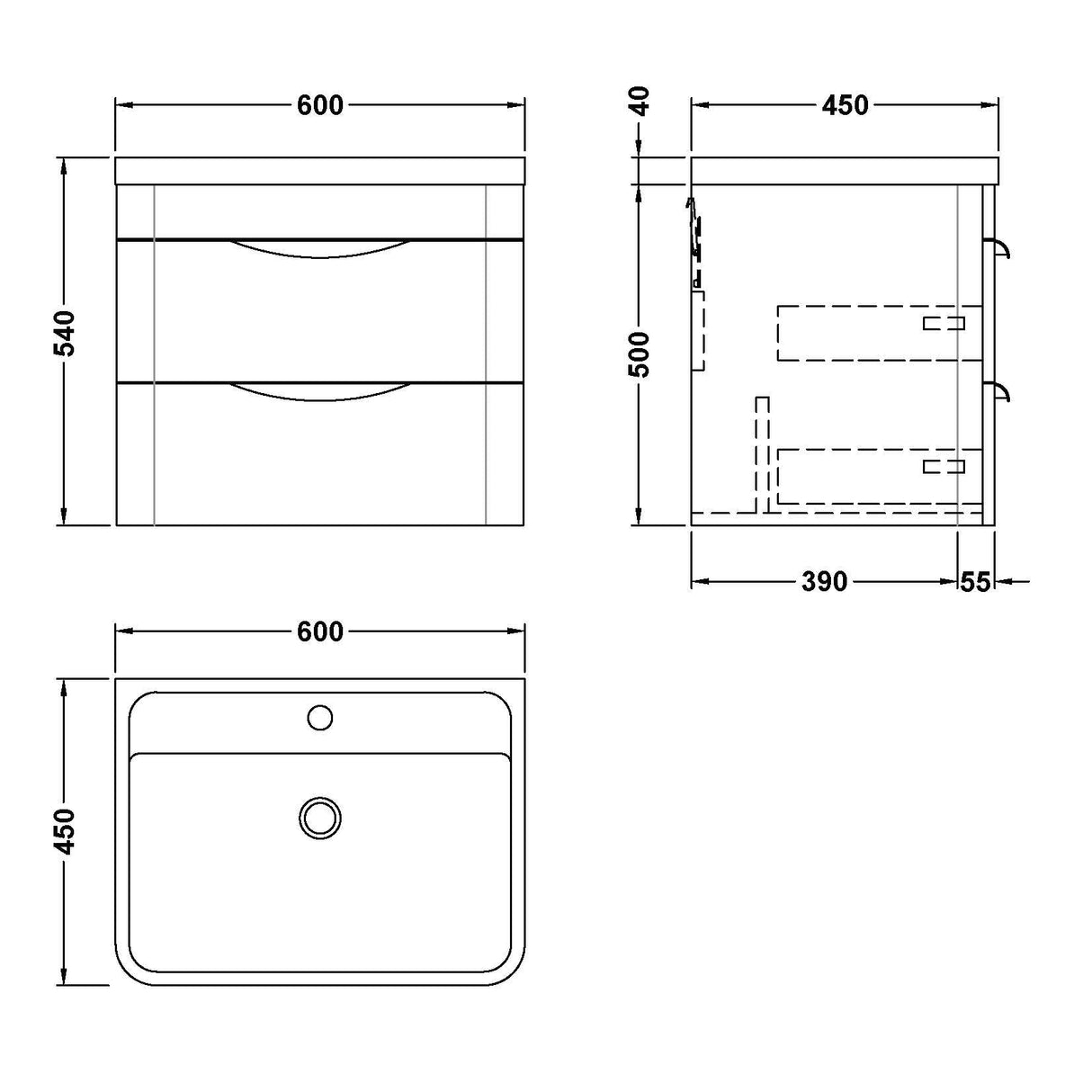 Nuie Parade 600mm Wall Hung 2 Drawer Vanity Unit & Basin Soft Black FPA1402 LD