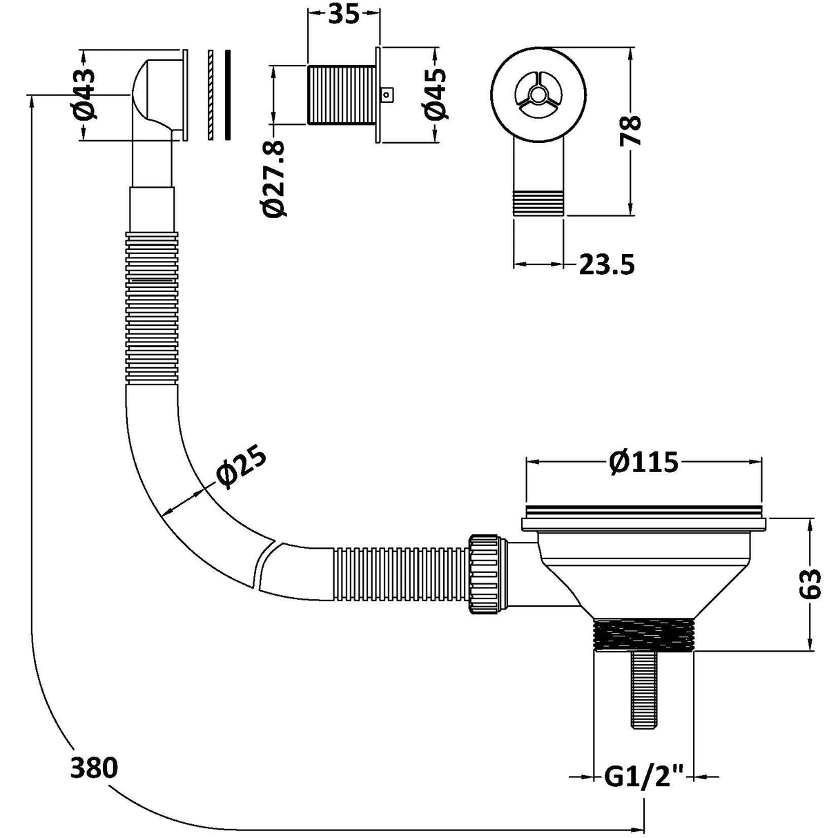Nuie Kitchen Sink Waste Strainer & Round Overflow 90mm - Brushed Brass FW816SRB LD