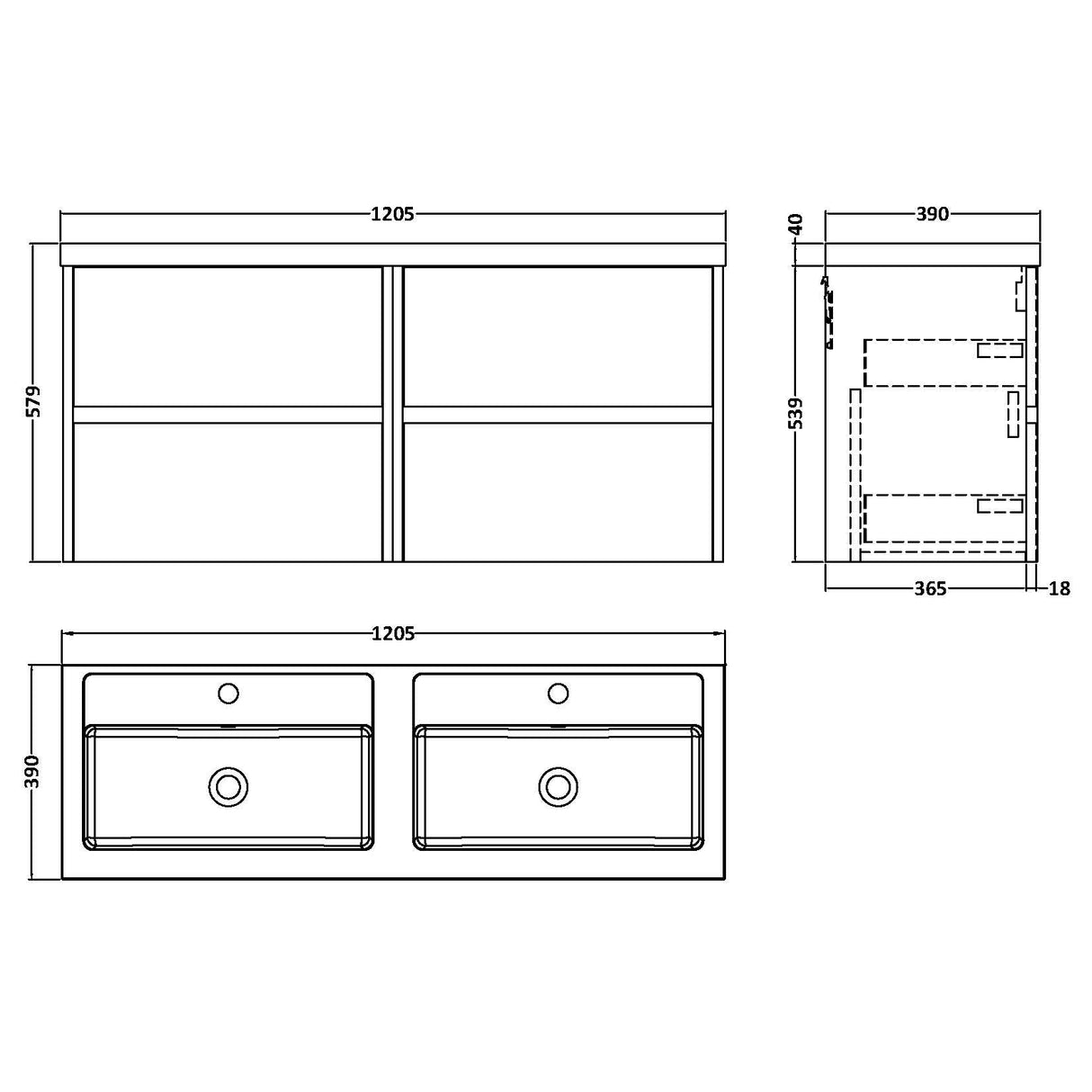 Nuie Havana 1200mm Wall Hung 4 Drawer Vanity Unit & Double Basin Graphite Grey HAV2204C LD