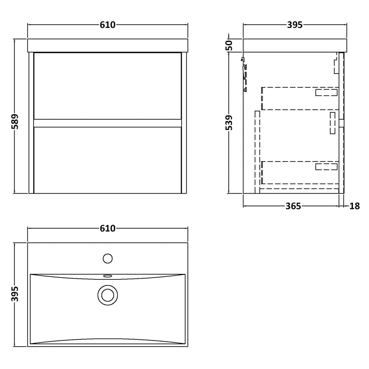 Nuie Havana 600mm Wall Hung 2 Drawer Vanity Unit & Basin Coastal Grey HAV2304D LD